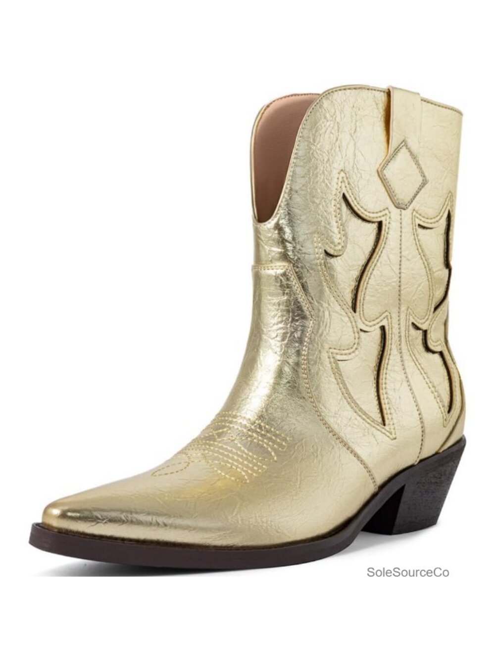 Metallic Embroidered Cowboy Boots Pointed Toe Chunky Heel Western Boots